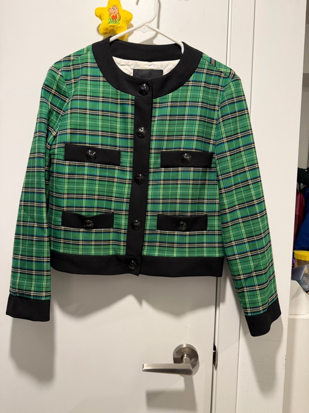 Green Plaid Cropped Jacket with Black Trim